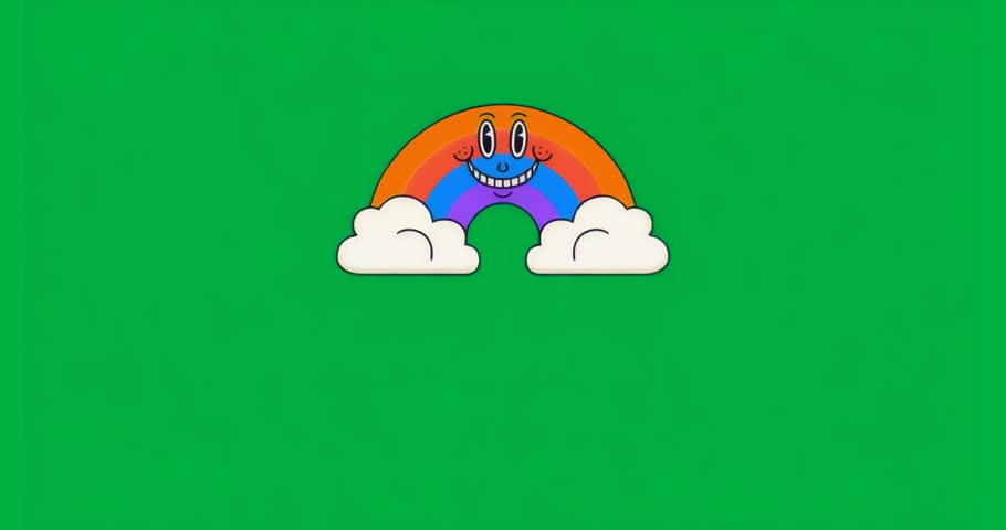 Rainbow appearing on clear backdrop, clouds sliding in and glitch flickering for playful animation. Whimsical, colorful, cheerful, playful, digital art, animation, graphic design