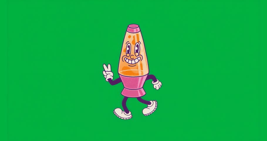 Glitch causing lava lamp walking with peace sign as pixels flickering looping on clear backdrop. Digital art, playful, retro, character design, animation, abstract, vibrant