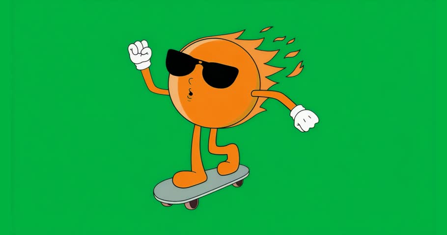 Starting fist raise, sun skateboarding, lowering arms, staying balanced over transparent backdrop. Vibrant, dynamic, energetic, fun, cartoon, abstract, modern