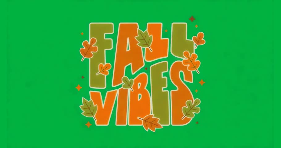 Opening FALL VIBES text on transparent background leaves drifting revealing blue glow for fall mood. Autumn, seasonal, typography, graphic design, vibrant, mood, celebration