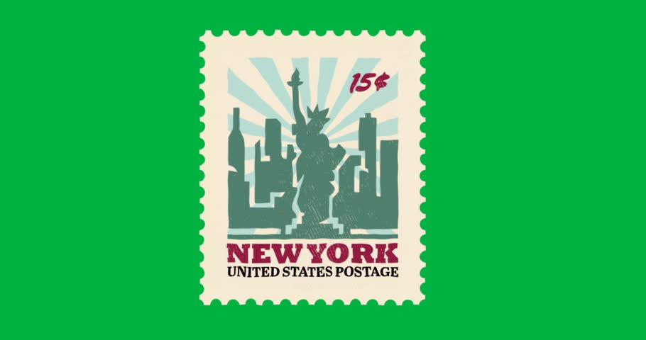 Marketers animating postage stamp on transparent canvas featuring Liberty silhouette, sunburst rays. Iconography, landmark, emblem, vintage, travel, graphic design, heritage