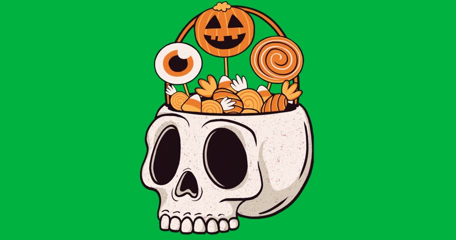 Designers creating Halloween skull bowl art, with candy treats on transparent background. Macabre, festive, playful, visual art, holiday, seasonal, graphic