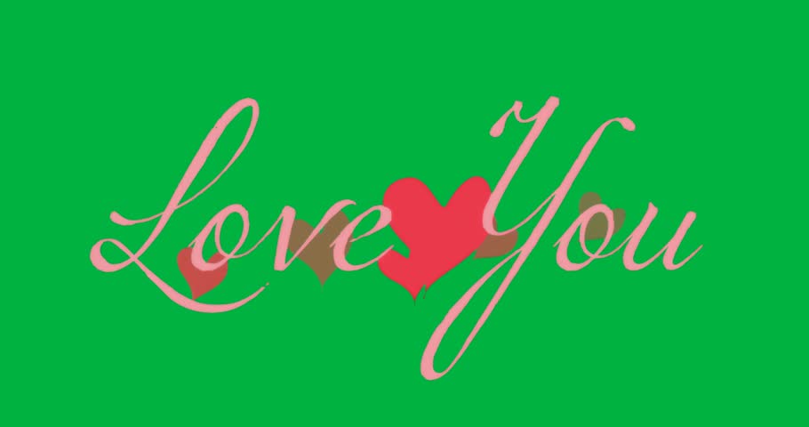 Design team composing pink cursive Love You graphic with three red hearts on transparent background. Romantic, love, affection, tenderness, celebration, message, sentiment