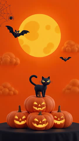 A black cat stands on glowing jack o lantern pumpkin with bat, spider, and full moon in orange halloween sky, spooky festive clouds and spider web