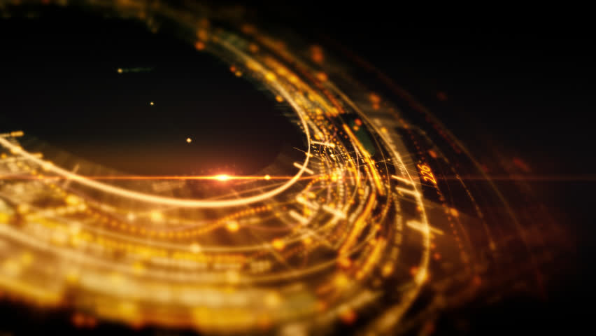 Futuristic digital interface with dynamic matrix motion, abstract data flow, high-tech circular HUD elements, cyber technology background animation