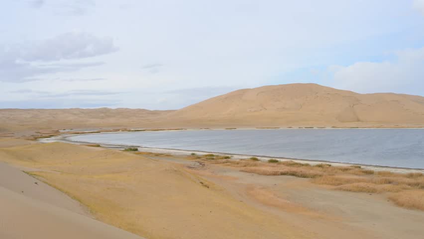 A scenic, panning left shot reveals the tranquil beauty of Durgun Nuur lake in Mongolia, capturing its golden, reed-lined shore and remote desert landscape.