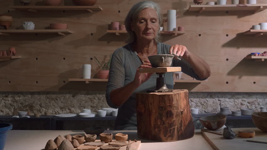 Dolly in Senior female artisan shaping a clay bowl with care in a rustic pottery studio. Concept of craftsmanship, creativity, and handmade ceramic art. Warm natural lighting