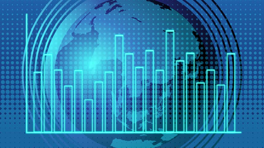 Blue animated rising bar graph over stylized world map with smooth transitions and glowing effects.