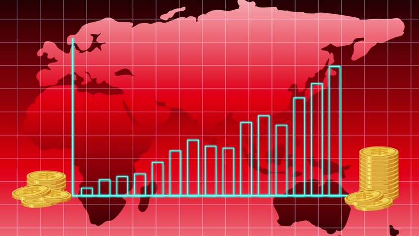 Bar graph animation shows financial growth with coin stacks, red grid world map, digital style - Powered by Shutterstock - Get 15% off with code: PIKWIZARD15