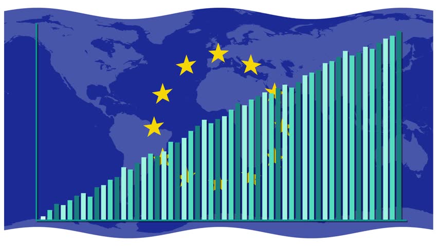 Animated bar graph grows over waving European Union flag with world map, smooth upward movement - Powered by Shutterstock - Get 15% off with code: PIKWIZARD15