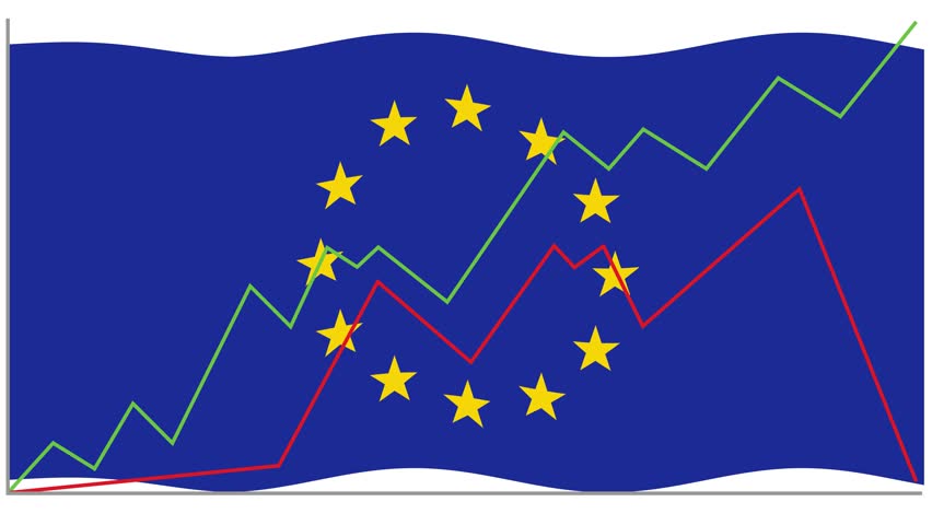 European Union flag waves as animated financial line graphs fluctuate, symbolizing economic trends and volatility - Powered by Shutterstock - Get 15% off with code: PIKWIZARD15