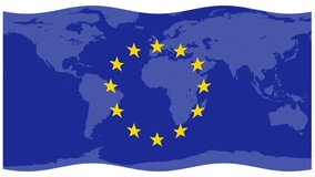 Descending bar graph animation overlays waving European Union flag with world map, symbolizing economic downturn - Powered by Shutterstock - Get 15% off with code: PIKWIZARD15