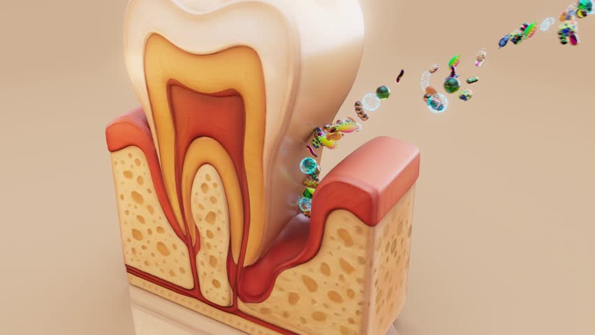 Conceptual 3D animation of periodontitis with bacteria under the gums