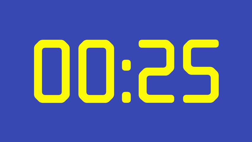 25 second countdown timer watch with yellow digital numbers on calming blue background ideal for presentations, websites, social media and digital themes