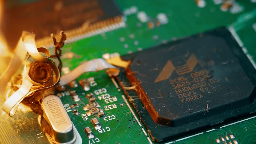 Motherboard Failure with Exploding Capacitors, Burning Chips, and Electric Sparks. Extreme Overload and Short Circuit Causing Hardware Malfunction. Close-up of a Burning Circuit Board