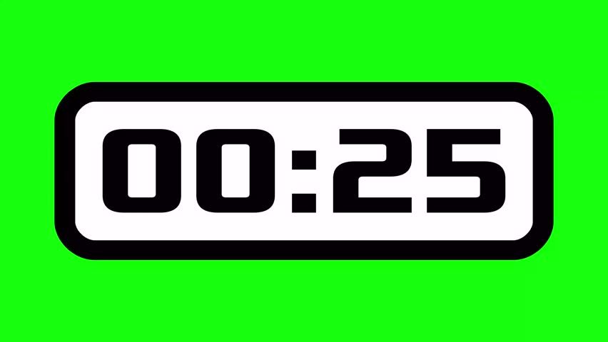 25 second countdown timer with digital clock display on green background suitable for for deadlines, helpful for time management concepts in presentations, websites, or social media