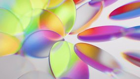 Looping 3D animation. Abstract background of slightly unfocused multicolored glass lenses spinning and rotating, arranged in a kaleidoscope pattern, glowing with neon light. Modern minimalist concept - Powered by Shutterstock - Get 15% off with code: PIKWIZARD15
