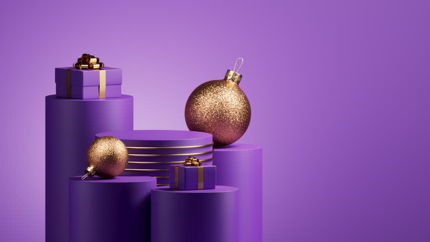 Violet podiums rise as gifts and gold baubles pop up from below and lock into a clean final composition. Elegant holiday opener with soft highlights. 3d render animation.