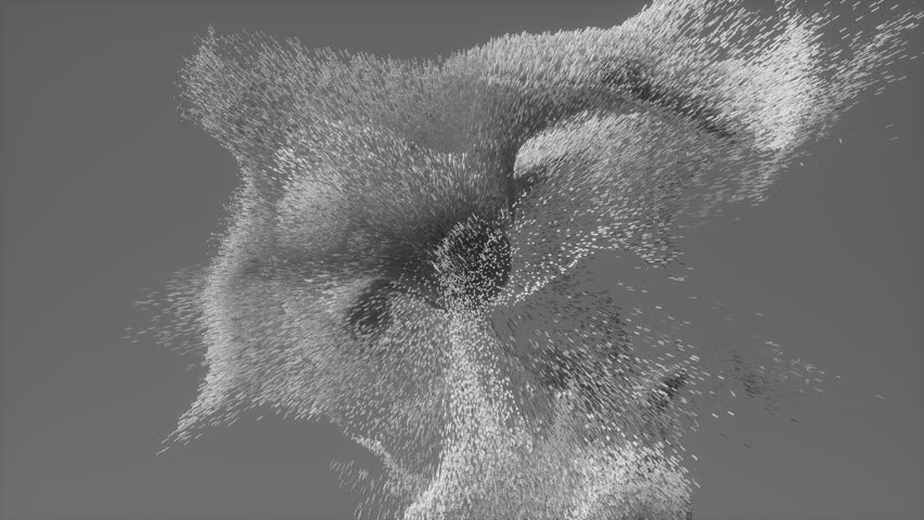 Cloud clusters of particles collide in multiple directions, realistic grayscale simulation for VFX. 3D render motion.