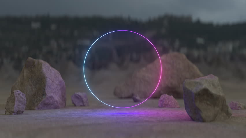 Glowing Neon Ring in Landscape with Rocks. Conceptual and artistic scene blending nature with abstraction and fantasy. 3D render seamless loop animation