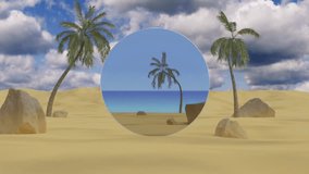 Tropical Beach with Palm Trees Reflected in Circular Mirror. 3D render animation - Powered by Shutterstock - Get 15% off with code: PIKWIZARD15