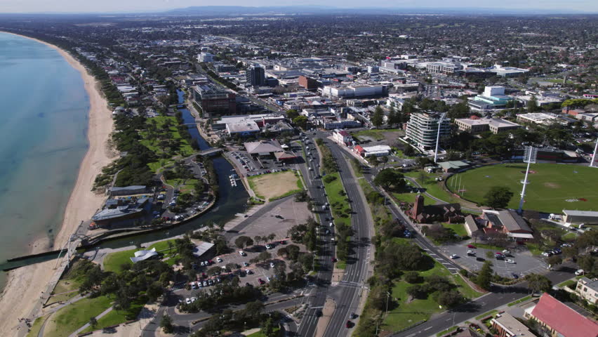 Aerial view revealing Frankston suburb, sunny day, Victoria, Australia