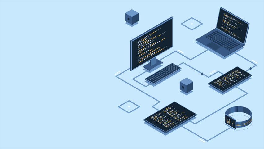 Isometric transfer data between different devices animation. Synchronizing data between laptop, smartphone, tablet, and PC. Isometric technology. 4K video animated in isometric style