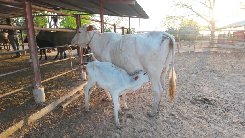 two Young calfs suckling milk from its mother cow on rustic cattle farm. Natural livestock scene with cattle background, symbolizing animal care and rural life.