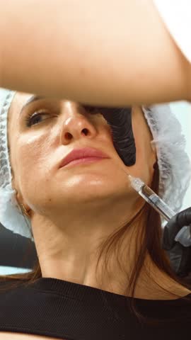 Middle years woman receiving hyaluronic acid injection in chin area for facial contouring, vertical orientation. Female patient undergoing cosmetic enhancement to improve jawline definition. Mature