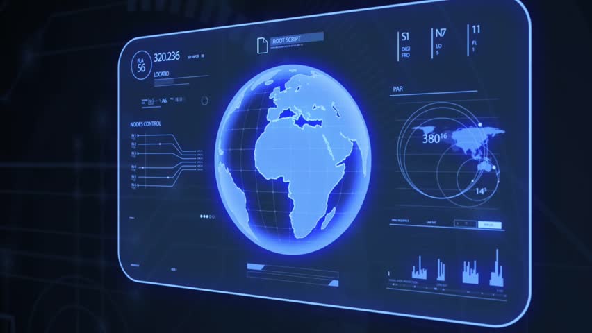 The video illustrates the interaction of a white, robotic hand with a holographic blue interface displaying a spinning globe and a circular array of AI-themed icons, symbols. - Powered by Shutterstock - Get 15% off with code: PIKWIZARD15