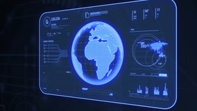 The video illustrates the interaction of a white, robotic hand with a holographic blue interface displaying a spinning globe and a circular array of AI-themed icons, symbols. - Powered by Shutterstock - Get 15% off with code: PIKWIZARD15