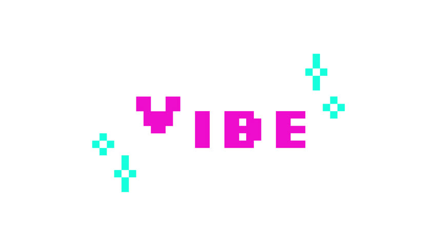 Animated word vibe in pink pixel typography. Summer chill gen z. Relaxing feeling. Youth culture. Positive. Retro 8 bit style bouncing text reaction animation with sparkles. Pixelated jumping letters