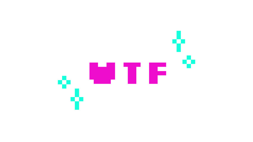 Animated word WTF in pink pixel typography. What the lingo. Rude abbreviation of disbelief, anger, confused. Retro 8 bit style bouncing text reaction animation with sparkles. Pixelated jumping letters