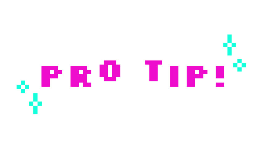 Animated word pro tip in pink pixel typography. Professional expert advice. Useful hint. Helpful tutorial. Retro 8 bit style bouncing text reaction animation with sparkles. Pixelated jumping letters