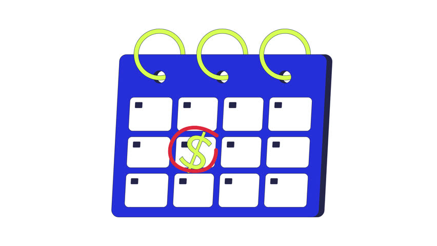 Marked calendar with dollar sign 2D cartoon object animation. Financial deadline. Encircling payday date calender. Money schedule. Tax payment animated flat colorful item 4K video isolated on white
