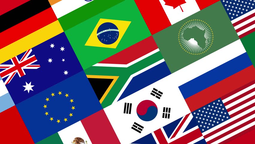 Flags countries of members Group of Twenty. Mosaic Slideshow. Group of twenty countries background