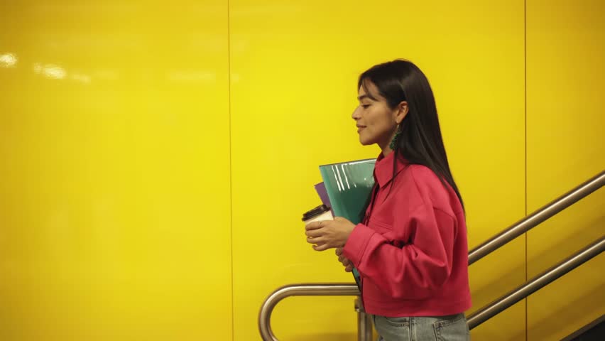 Ecuadorian woman commutes through vibrant metro station
