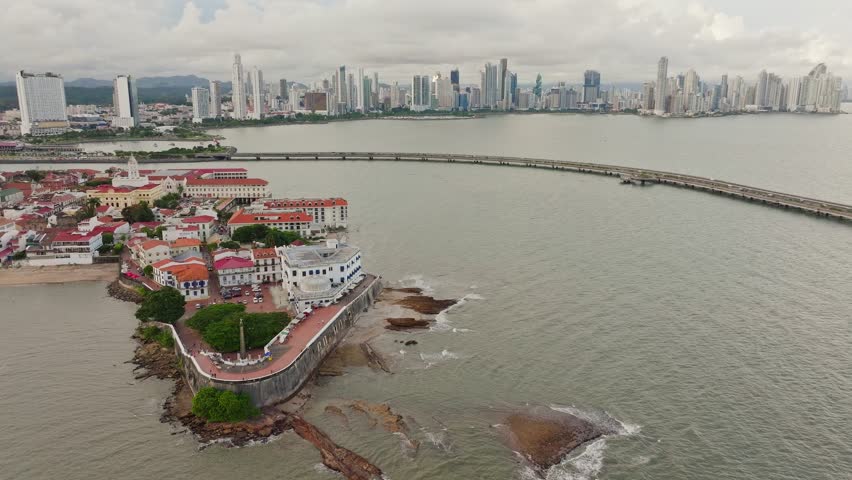 Drone shot of the coastal strip 3 in Panama and the city behind it