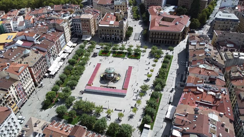Aerial Drone Views of Pamplona Old Town, Navarre, Spain – Historic Cityscape with Medieval Streets and Rooftops