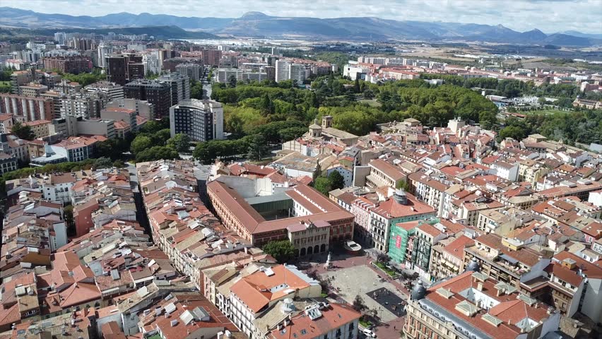 Aerial Drone Views of Pamplona Old Town, Navarre, Spain – Historic Cityscape with Medieval Streets and Rooftops