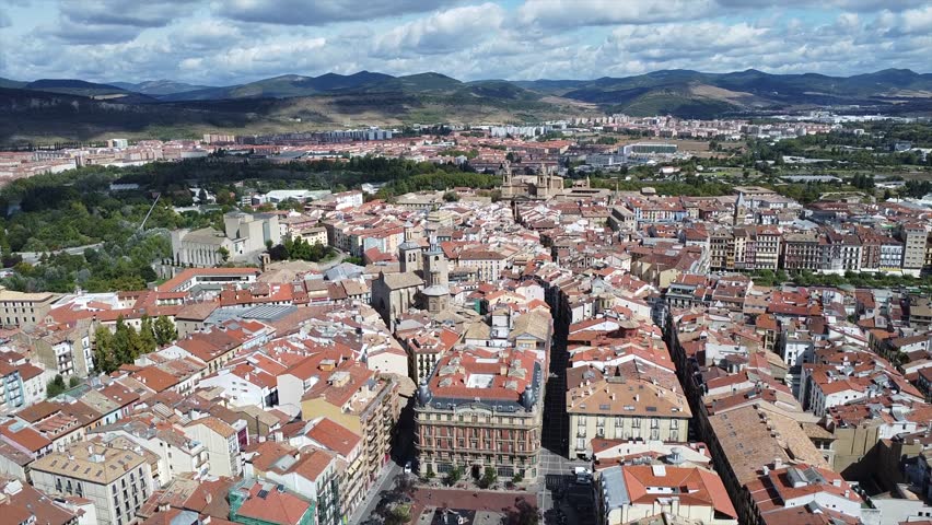 Aerial Drone Views of Pamplona Old Town, Navarre, Spain – Historic Cityscape with Medieval Streets and Rooftops
