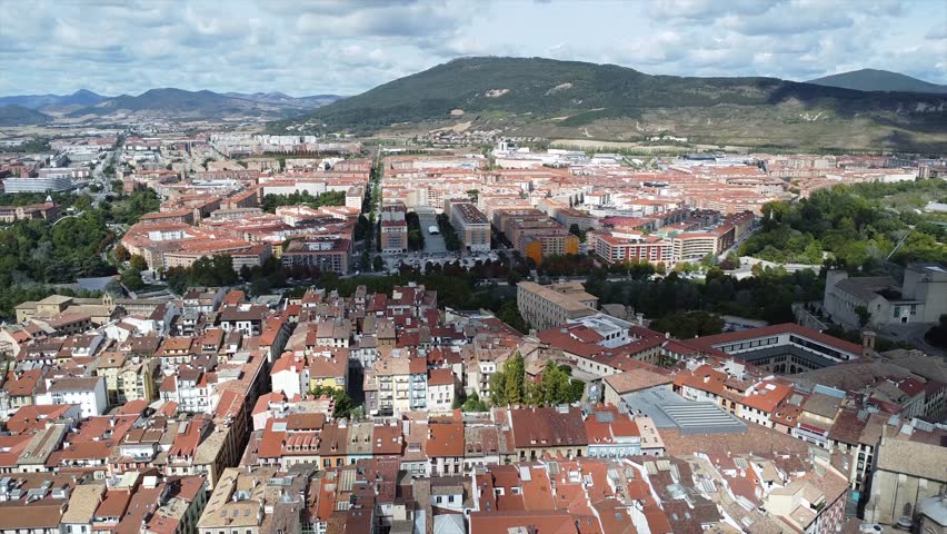 Aerial Drone Views of Pamplona Old Town, Navarre, Spain – Historic Cityscape with Medieval Streets and Rooftops