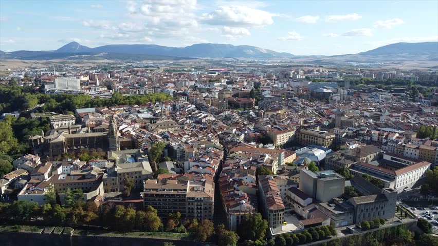 Aerial Drone Views of Pamplona Old Town, Navarre, Spain – Historic Cityscape with Medieval Streets and Rooftops