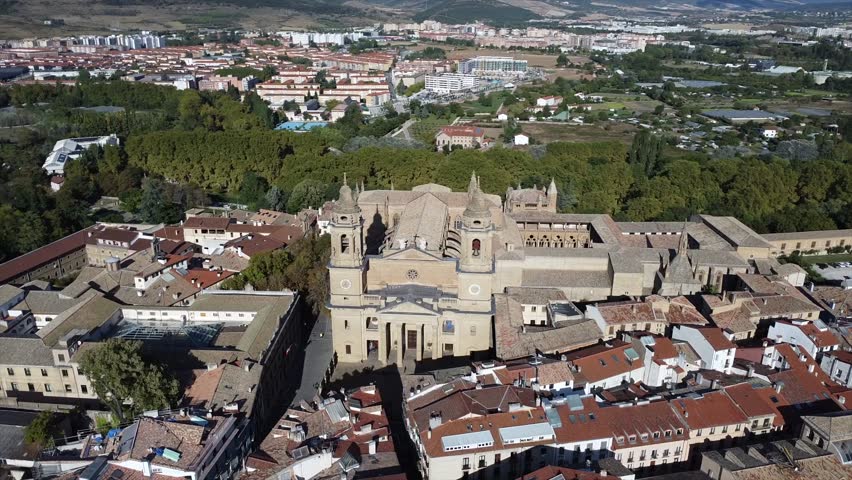 Aerial Drone Views of Pamplona Old Town, Navarre, Spain – Historic Cityscape with Medieval Streets and Rooftops