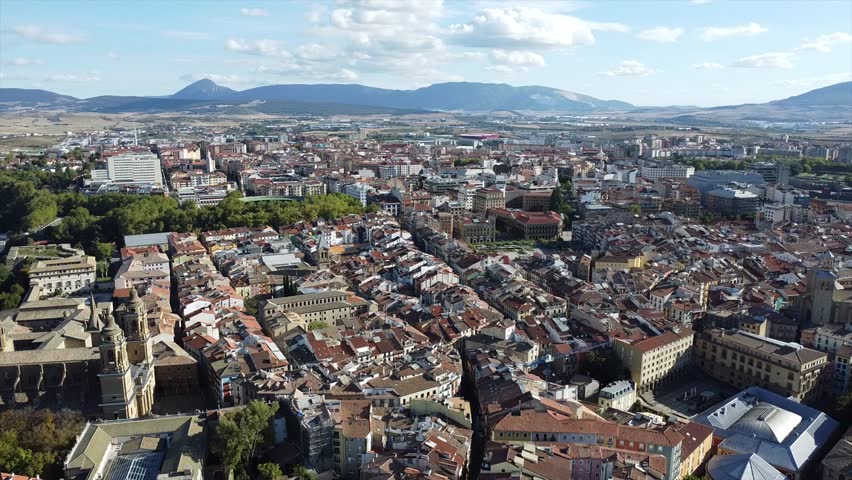 Aerial Drone Views of Pamplona Old Town, Navarre, Spain – Historic Cityscape with Medieval Streets and Rooftops