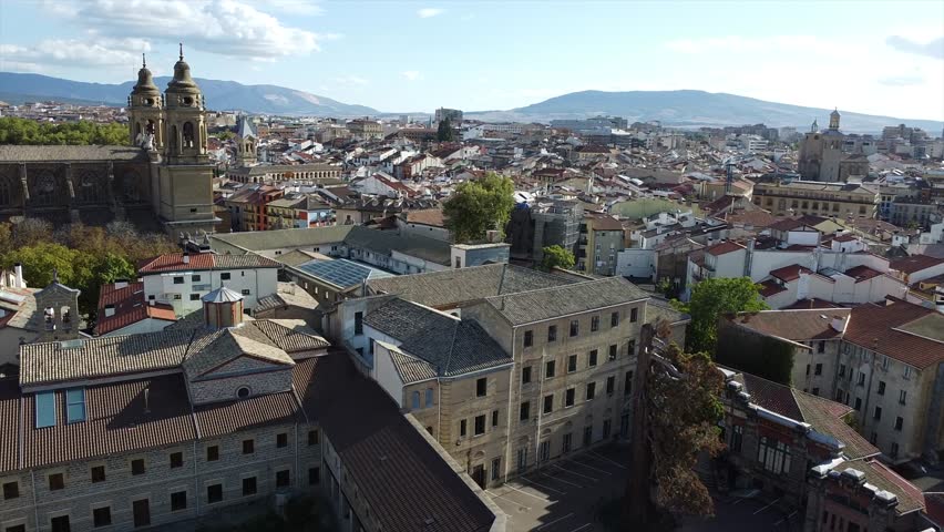 Aerial Drone Views of Pamplona Old Town, Navarre, Spain – Historic Cityscape with Medieval Streets and Rooftops