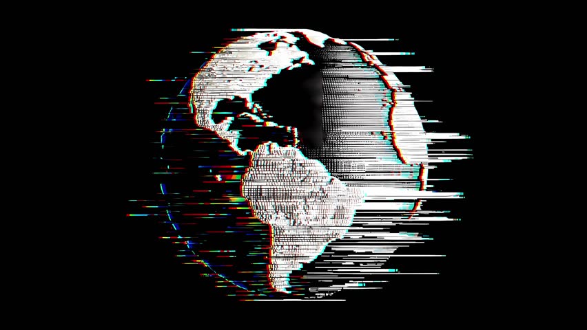 A digital representation of the Earth spins gracefully with a glitch effect, highlighting continents and oceans. The animation features rich details on a black background