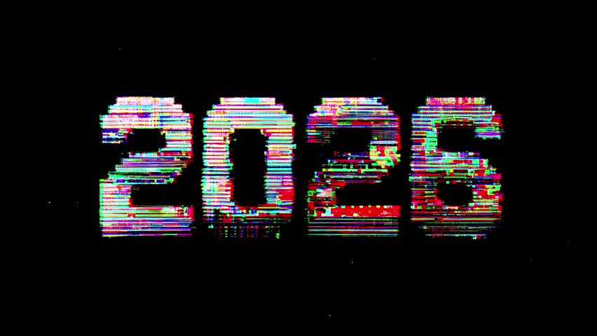 Digital glitch animation highlights the year 2026 in a colorful and captivating way. The four frames intertwine the numbers dynamically against a black backdrop