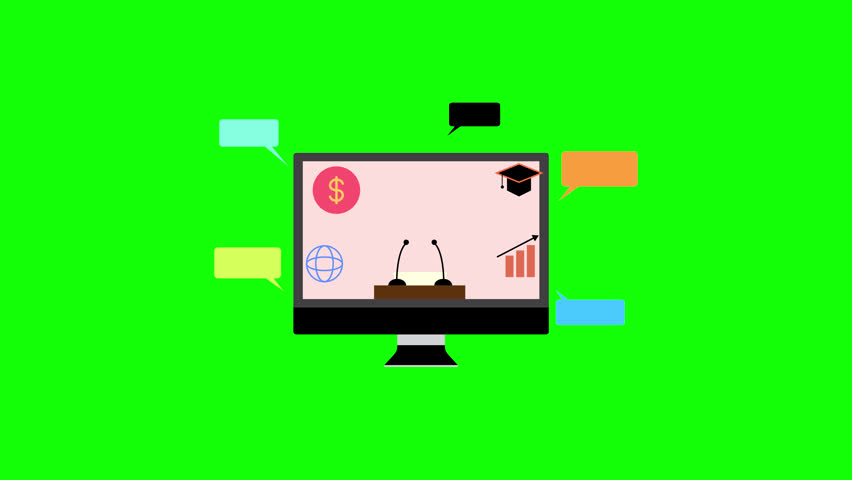 Seminar or online webinar monitor with education and audio symbols