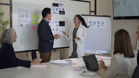 A group of people are in a meeting room, with a whiteboard and a projector. The man is talking to the woman, and they are both holding papers. The woman is wearing a white jacket - Powered by Shutterstock - Get 15% off with code: PIKWIZARD15